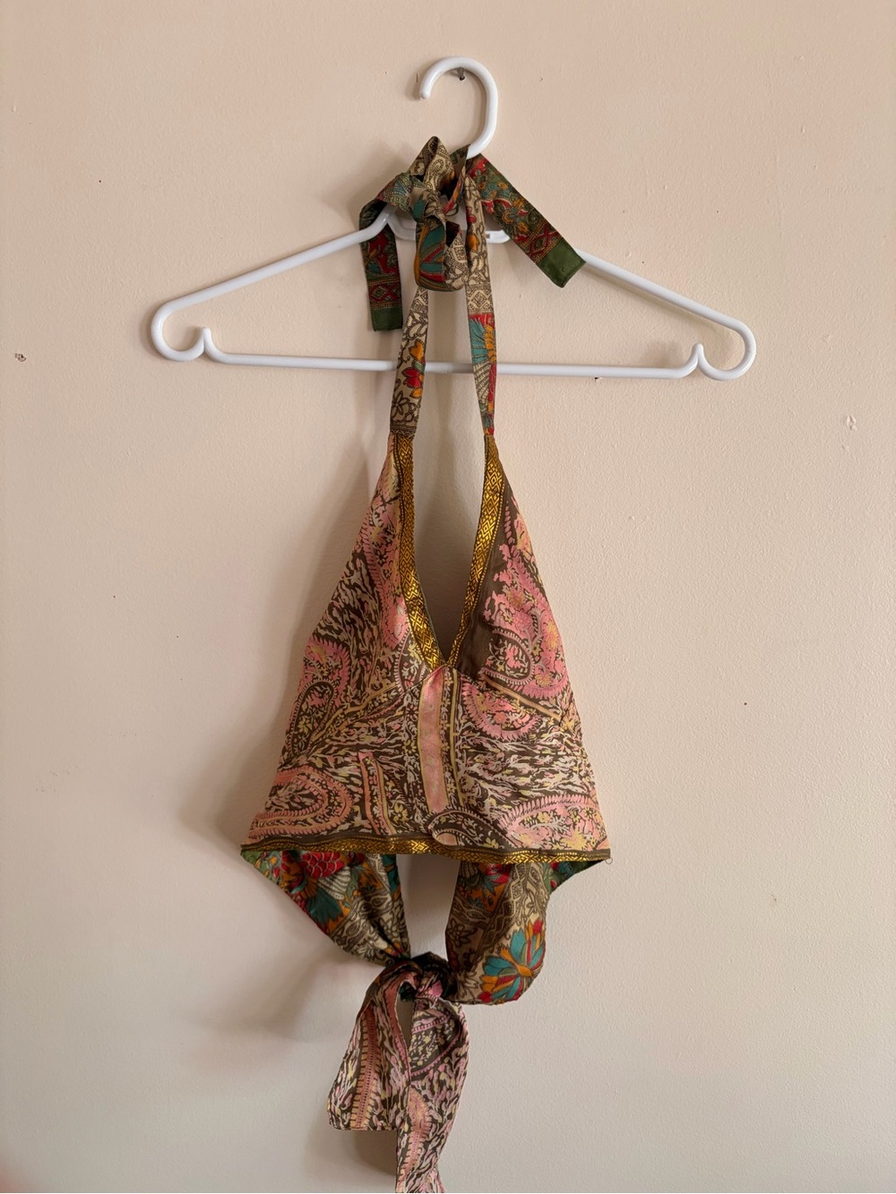 Vintage Reversible Green Multicolor Paisley Halter Crop Top - Picture 2 of 4